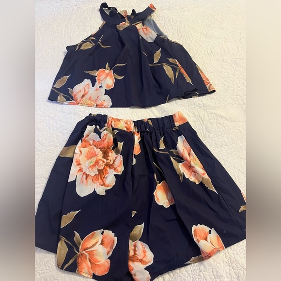 Floral Two-Piece Set in Navy and Peach - Picture 1 of 5